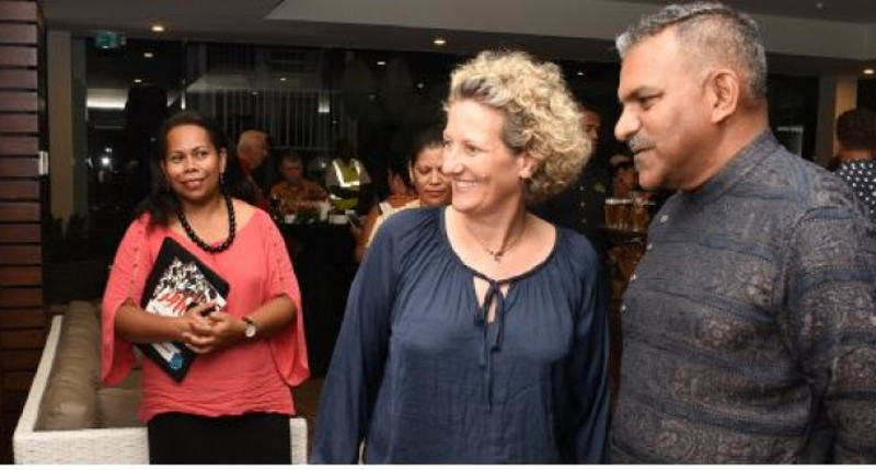 From right: Minister for Industry, Trade, Tourism, Lands and Mineral Resources Faiyaz Koya with Hot Glass Fiji owner Alice Hill during the Three Dimension Art Exhibition - “Born from Fire” on Wednesday night at the Grand Pacific Hotel. Photo: Vilimoni Vaganalau
