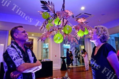 Artists Shane Bower and Alice Hill during their Born from Fire Exhibition at the Grand Pacific Hotel last night. Picture: JONA KONATACI