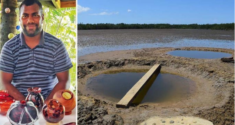 Pita Vibose shows off his creations from Hot Glass Fiji (Left) and salt pools in Lomawai Village, Nadroga (Right).